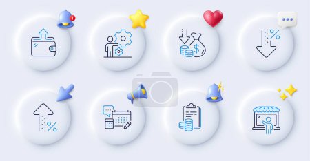 Illustration for Account, Deflation and Low percent line icons. Buttons with 3d bell, chat speech, cursor. Pack of Market seller, Accounting, Wallet icon. Increasing percent, Job pictogram. Vector - Royalty Free Image