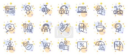 Illustration for Outline set of Reject web, Carry-on baggage and Coffee cup line icons for web app. Include Internet shopping, Video conference, Organic product pictogram icons. Success, Discounts app. Vector - Royalty Free Image