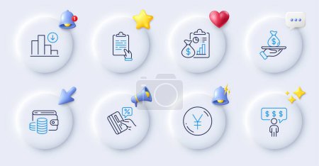 Illustration for Wallet money, Credit card and Decreasing graph line icons. Buttons with 3d bell, chat speech, cursor. Pack of Employee benefits, Loan, Report icon. Clipboard, Yen money pictogram. Vector - Royalty Free Image