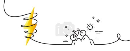 Téléchargez les illustrations : Ligne de vélo de montagne icône. Continu une ligne avec boucle. Panneau de transport extérieur vélo. Symbole d'activité sportive. Ruban de contour unique VTT. Courbe de boucle avec énergie. Vecteur - en licence libre de droit
