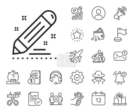 Illustration for Pencil sign. Salaryman, gender equality and alert bell outline icons. Brand contract line icon. Edit social marketing report symbol. Brand contract line sign. Spy or profile placeholder icon. Vector - Royalty Free Image