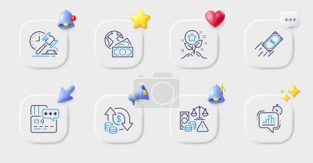 Illustration for Loyalty points, Global business and Card line icons. Buttons with 3d bell, chat speech, cursor. Pack of Fraud, Fast payment, Change money icon. Statistics timer, Auction hammer pictogram. Vector - Royalty Free Image