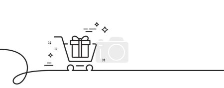 Illustration for Shopping cart with Gift box line icon. Continuous one line with curl. Present or Sale sign. Birthday Shopping symbol. Package in Gift Wrap. Shopping cart single outline ribbon. Vector - Royalty Free Image
