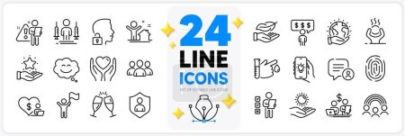 Illustration for Icons set of Search employee, Unlock system and Voting ballot line icons pack for app with Electric app, Difficult stress, New house thin outline icon. Blood donation, Employee benefits. Vector - Royalty Free Image