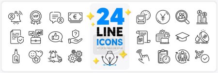 Illustration for Icons set of Cursor, Graduation cap and Chat bubble line icons pack for app with Cogwheel, Software, Smile thin outline icon. Documents, Teamwork, Euro currency pictogram. Certificate. Vector - Royalty Free Image