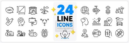 Illustration for Icons set of Friend, Discrimination and Brain working line icons pack for app with Shoulder strap, Diesel station, 24h service thin outline icon. Leadership, Roller coaster, Approved pictogram. Vector - Royalty Free Image