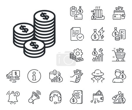 Illustration for Banking currency sign. Cash money, loan and mortgage outline icons. Coins money line icon. Cash symbol. Coins line sign. Credit card, crypto wallet icon. Inflation, job salary. Vector - Royalty Free Image