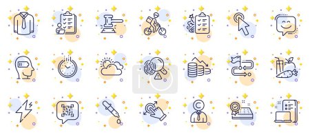 Illustration for Outline set of Juice, Device and Time line icons for web app. Include Touchscreen gesture, Delivery bike, Travel path pictogram icons. Fingerprint, Money loss, Chemistry pipette signs. Vector - Royalty Free Image