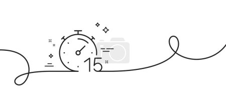 Illustration for Timer 15 minutes line icon. Continuous one line with curl. Stopwatch time sign. Countdown clock symbol. Timer single outline ribbon. Loop curve pattern. Vector - Royalty Free Image