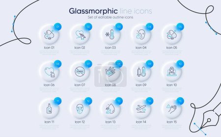 Illustration for Set of Medical flight, Alcohol free and Biotin vitamin line icons for web app. Healthy face, Stop stress, Molybdenum mineral icons. Telemedicine, Social care, Veins signs. Dont touch. Vector - Royalty Free Image