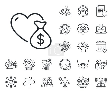 Illustration for Money charity sign. Online doctor, patient and medicine outline icons. Donation line icon. Health insurance symbol. Donation line sign. Veins, nerves and cosmetic procedure icon. Intestine. Vector - Royalty Free Image
