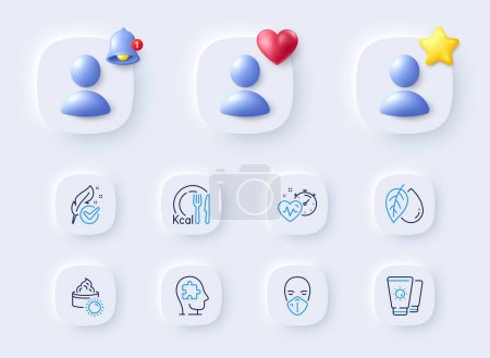 Illustration for Mineral oil, Cardio training and Sun cream line icons. Placeholder with 3d bell, star, heart. Pack of Medical mask, Sunscreen, Calories icon. Hypoallergenic tested, Mental conundrum pictogram. Vector - Royalty Free Image