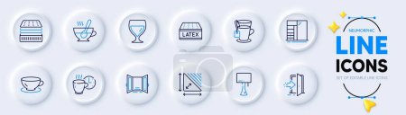 Illustration for Coffee break, Latex mattress and Espresso line icons for web app. Pack of Tea, Tea cup, Entrance pictogram icons. Table lamp, Cupboard, Deluxe mattress signs. Open door, Triangle area. Vector - Royalty Free Image