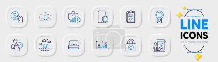 Illustration for Swimming pool, Survey results and Bed line icons for web app. Pack of Bitcoin pay, Delivery man, Painter pictogram icons. Clean skin, Checklist, Phone protect signs. Reward. Neumorphic buttons. Vector - Royalty Free Image
