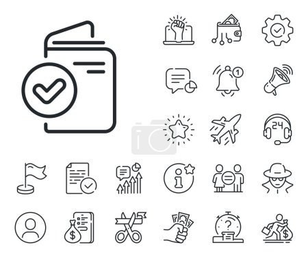 Illustration for Accepted passport sign. Salaryman, gender equality and alert bell outline icons. Verification document line icon. Approved symbol. Verification document line sign. Vector - Royalty Free Image