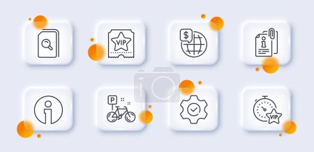 Illustration for Execute, Info and World money line icons pack. 3d glass buttons with blurred circles. Attached info, Vip ticket, Vip timer web icon. Search files, Bike pictogram. For web app, printing. Vector - Royalty Free Image