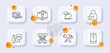 Illustration for Spanner tool, Lock and Work home line icons pack. 3d glass buttons with blurred circles. Voting ballot, Online voting, Consulting web icon. Swipe up, Online payment pictogram. Vector - Royalty Free Image