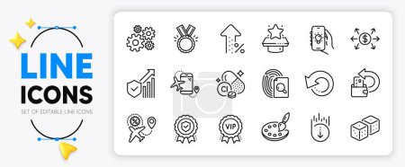 Illustration for Insurance medal, Electric app and Inspect line icons set for app include Increasing percent, Dollar exchange, Recovery data outline thin icon. Scroll down, Chlorine mineral. Vector - Royalty Free Image