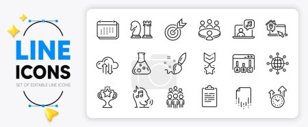 Illustration for Paint brush, Target and Voicemail line icons set for app include Music, Work home, Recovery file outline thin icon. Winner medal, Time management, Chemistry lab pictogram icon. Vector - Royalty Free Image