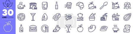 Ilustración de Paquete de iconos de helado, gota de agua y línea de café para llevar. Cuchara, Cóctel, Hamburguesa icono web. Comida para llevar, pausa para café, pictograma expreso. Hamburguesa, nuez de Pecan, vasos de boda. Vector - Imagen libre de derechos