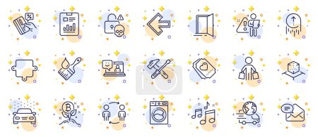 Illustration for Outline set of New mail, Open door and Puzzle line icons for web app. Include Brush, Car wash, Buyer pictogram icons. Left arrow, Report document, Washing machine signs. Smile, Music. Vector - Royalty Free Image