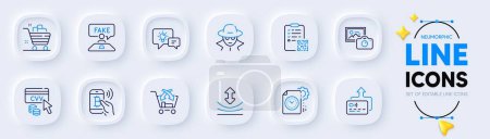 Illustration for Resilience, Fraud and Qr code line icons for web app. Pack of Cross sell, Idea lamp, Cvv code pictogram icons. Photo camera, Grocery basket, Project deadline signs. Card, Fake review. Vector - Royalty Free Image