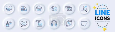 Illustration for Mail letter, Vote box and Time management line icons for web app. Pack of Chat message, Photo album, Microphone pictogram icons. Headphones, Delivery truck, Drone signs. Spanner, Smile. Vector - Royalty Free Image
