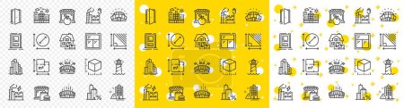 Illustration for Outline Arena stadium, Window and Package size line icons pack for web with Home moving, Skyscraper buildings, Sports stadium line icon. Lighthouse, Entrance, Food market pictogram icon. Vector - Royalty Free Image