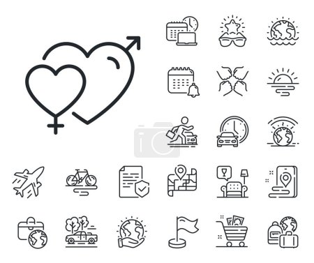 Illustration for Love heart sign. Plane jet, travel map and baggage claim outline icons. Male female line icon. Couple relationships symbol. Male female line sign. Car rental, taxi transport icon. Vector - Royalty Free Image