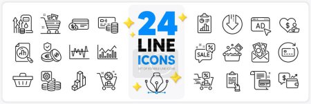 Illustration for Icons set of Savings insurance, Payment card and Launder money line icons pack for app with Stock analysis, Discounts cart, Ad thin outline icon. Making money, Bribe, Grocery basket pictogram. Vector - Royalty Free Image