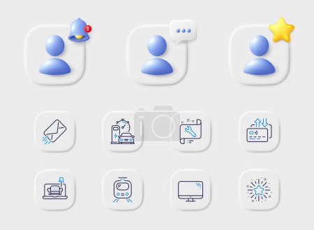Illustration for E-mail, Train and Furniture line icons. Placeholder with 3d star, reminder bell, chat. Pack of Spanner, Twinkle star, Card icon. Charging station, Computer pictogram. For web app, printing. Vector - Royalty Free Image