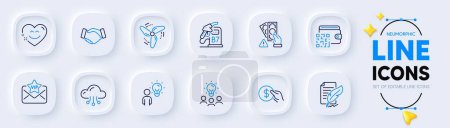 Illustration for Handshake, Qr code and Diesel station line icons for web app. Pack of Bribe, Feather signature, Group people pictogram icons. Smile chat, Cloud computing, Payment signs. Vip mail. Vector - Royalty Free Image