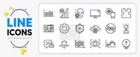 Illustration for Swipe up, Eye detect and Stop stress line icons set for app include Education, Diagram chart, New message outline thin icon. Face verified, 5g wifi, Recovery gear pictogram icon. Vector - Royalty Free Image