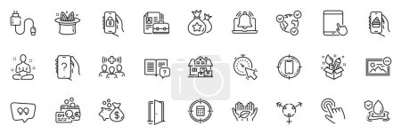 Illustration for Icons pack as Medical staff, Vacancy and Instruction manual line icons for app include Ask question, Cursor, Smartphone target outline thin icon web set. Calculator target, Locked app. Vector - Royalty Free Image