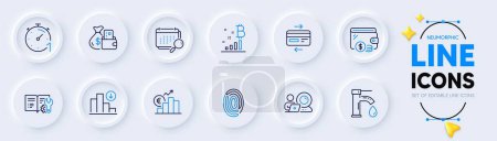 Illustration for Tap water, Wallet and Fingerprint line icons for web app. Pack of Euro rate, Timer, Engineering documentation pictogram icons. Decreasing graph, Calendar, Credit card signs. Neumorphic buttons. Vector - Royalty Free Image