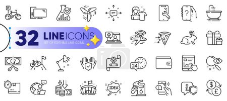 Illustration for Outline set of Mountain bike, Deflation and Cogwheel blueprint line icons for web with Search, Chemistry lab, Clean shirt thin icon. Food delivery, Shield, Bicycle parking pictogram icon. Vector - Royalty Free Image