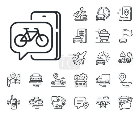 Illustration for City bicycle transport sign. Plane, supply chain and place location outline icons. Bike app line icon. Rent a velocipede by phone symbol. Bike app line sign. Taxi transport, rent a bike icon. Vector - Royalty Free Image