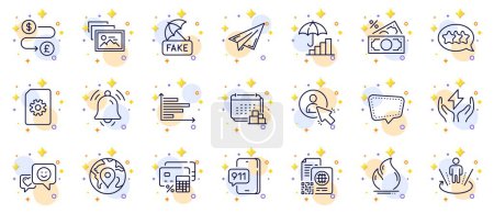 Illustration for Outline set of Money calculator, Emergency call and Safe energy line icons for web app. Include File management, Notification bell, Photo album pictogram icons. Augmented reality. Vector - Royalty Free Image