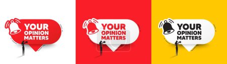 Illustration for Your opinion matters tag. Speech bubbles with bell and woman silhouette. Survey or feedback sign. Client comment. Opinion matters chat speech message. Woman with megaphone. Vector - Royalty Free Image