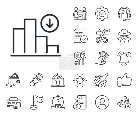 Illustration for Column chart sign. Salaryman, gender equality and alert bell outline icons. Decreasing graph line icon. Crisis diagram symbol. Decreasing graph line sign. Spy or profile placeholder icon. Vector - Royalty Free Image