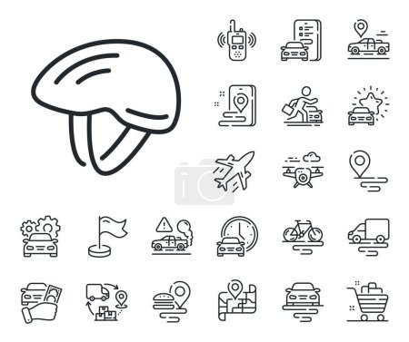 Illustration for Bike transport equipment sign. Plane, supply chain and place location outline icons. Bicycle helmet line icon. Cyclist protection symbol. Bicycle helmet line sign. Vector - Royalty Free Image
