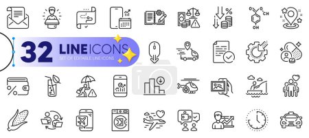 Illustration for Outline set of Delivery truck, Teamwork process and Taxi line icons for web with Target path, Water glass, Puzzle thin icon. Scroll down, Smartphone statistics, Chemical formula pictogram icon. Vector - Royalty Free Image