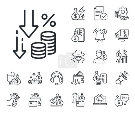 Illustration for Money tax rate sign. Cash money, loan and mortgage outline icons. Deflation line icon. Price reduction symbol. Deflation line sign. Credit card, crypto wallet icon. Inflation, job salary. Vector - Royalty Free Image
