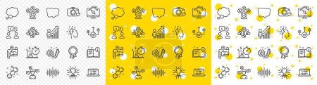 Illustration for Outline Teamwork, Timer and Correct way line icons pack for web with Chat message, Talk bubble, Trophy line icon. Photo camera, Work home, Sound wave pictogram icon. Video conference. Vector - Royalty Free Image