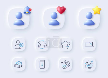 Illustration for Find user, Food delivery and Hold box line icons. Placeholder with 3d bell, star, heart. Pack of Laptop, Scroll down, Social responsibility icon. Cobalamin vitamin, Workflow pictogram. Vector - Royalty Free Image