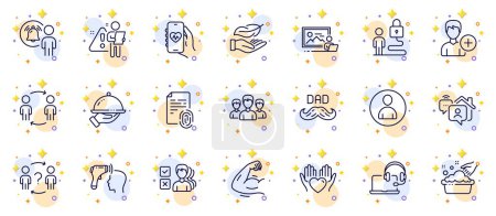 Illustration for Outline set of Photo studio, Hold heart and Add person line icons for web app. Include Father day, Work home, Health app pictogram icons. Lock, Strong arm, Lightweight signs. Group. Vector - Royalty Free Image