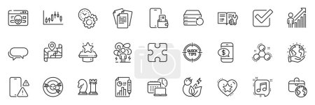 Illustration for Icons pack as Candlestick graph, Musical note and Cyber attack line icons for app include Messenger, Map, Time management outline thin icon web set. Tips, Targeting. Vector - Royalty Free Image