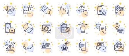 Illustration for Outline set of Web mail, Ab testing and Spanner line icons for web app. Include Windmill, Loan percent, Diesel canister pictogram icons. Dots message, Messenger, Online help signs. Vector - Royalty Free Image