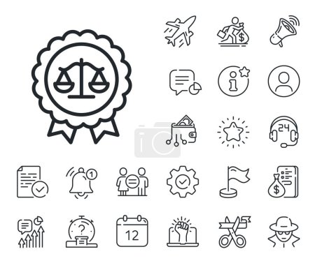 Illustration for Judgement award sign. Salaryman, gender equality and alert bell outline icons. Justice scales line icon. Legal law symbol. Justice scales line sign. Spy or profile placeholder icon. Vector - Royalty Free Image