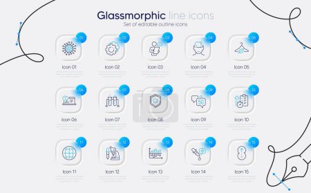 Illustration for Set of Globe, 5g internet and Customer survey line icons for web app. Sun protection, Timer, Slow fashion icons. Swipe up, Coronavirus, Online help signs. Settings gears, Mental health. Vector - Royalty Free Image